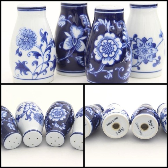 Pier 1 Mandarin Porcelain Blue White Floral China Salt Pepper Shakers 4Pc Set - Picture 1 of 10